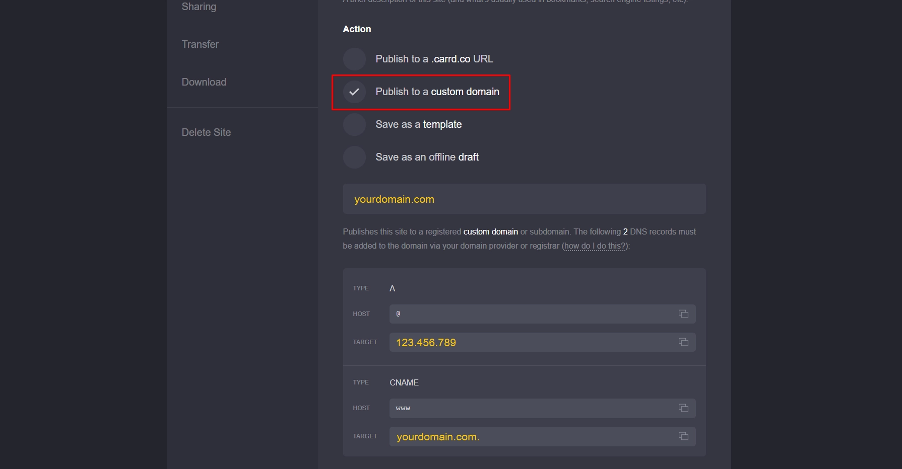 Custom Domain on Carrd settings